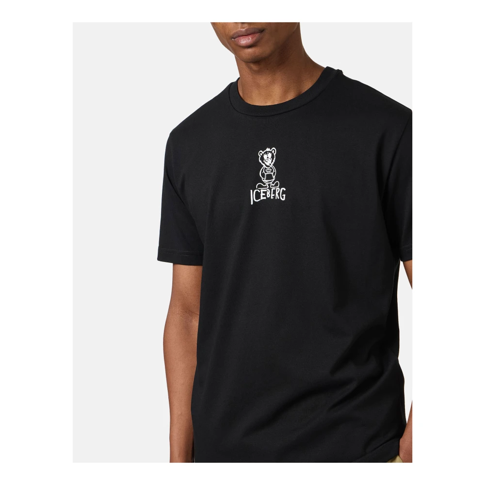Iceberg Zwart slim fit katoenen T-shirt met beerprint en ijsberglogo Black Heren