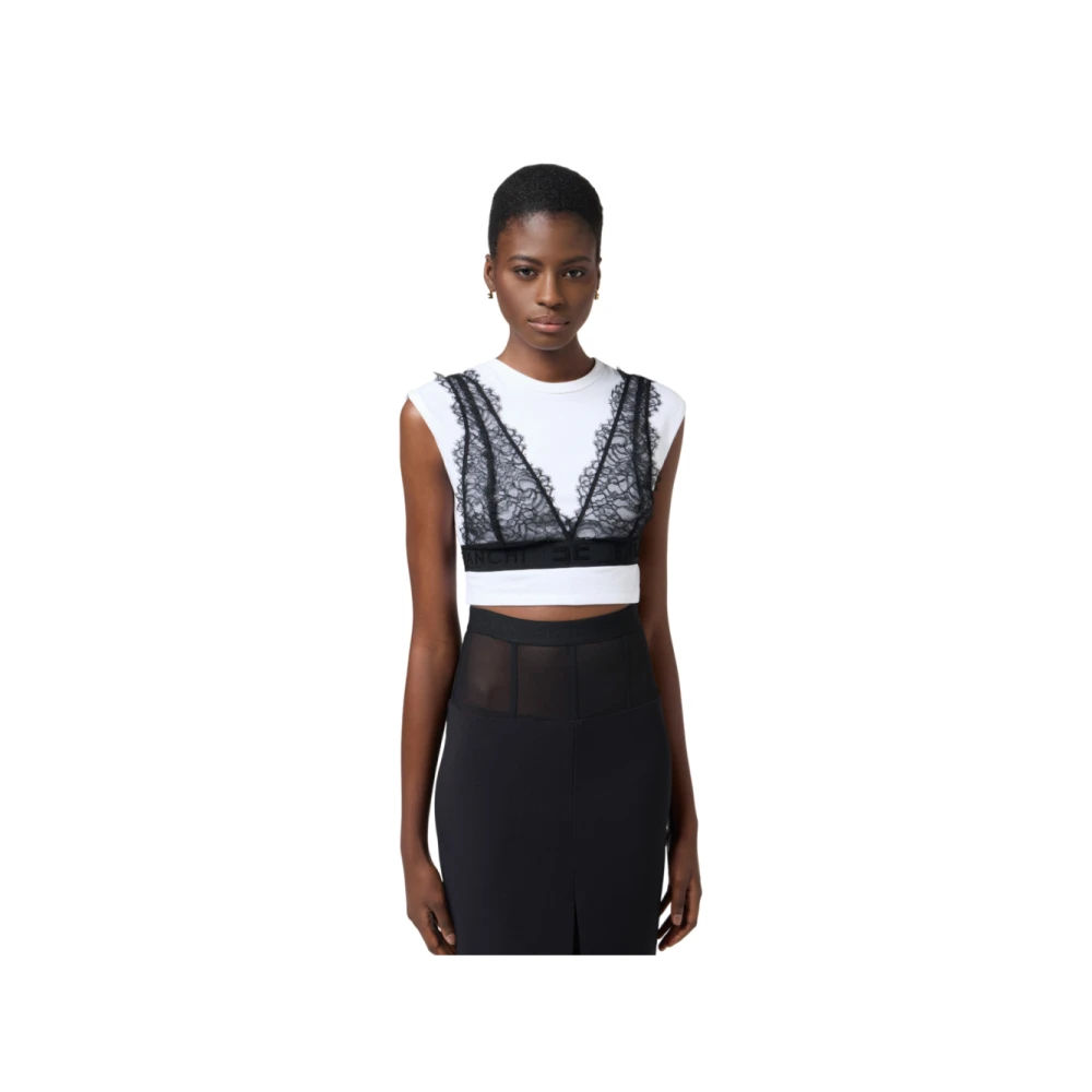 Elisabetta Franchi Korte mouwen jersey t-shirt met kanten bralette White Dames