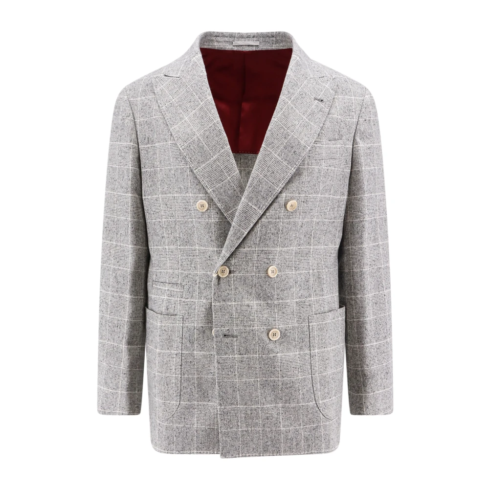 Brunello Cucinelli Prince of Wales Check Silkesblazer Gray, Herr