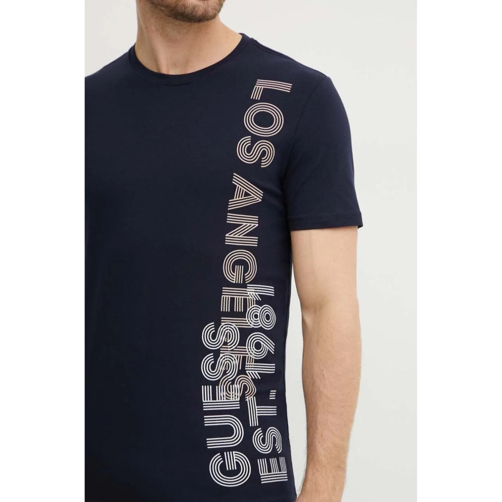 Guess Slim Logo TShirt Zijprint Blue Heren