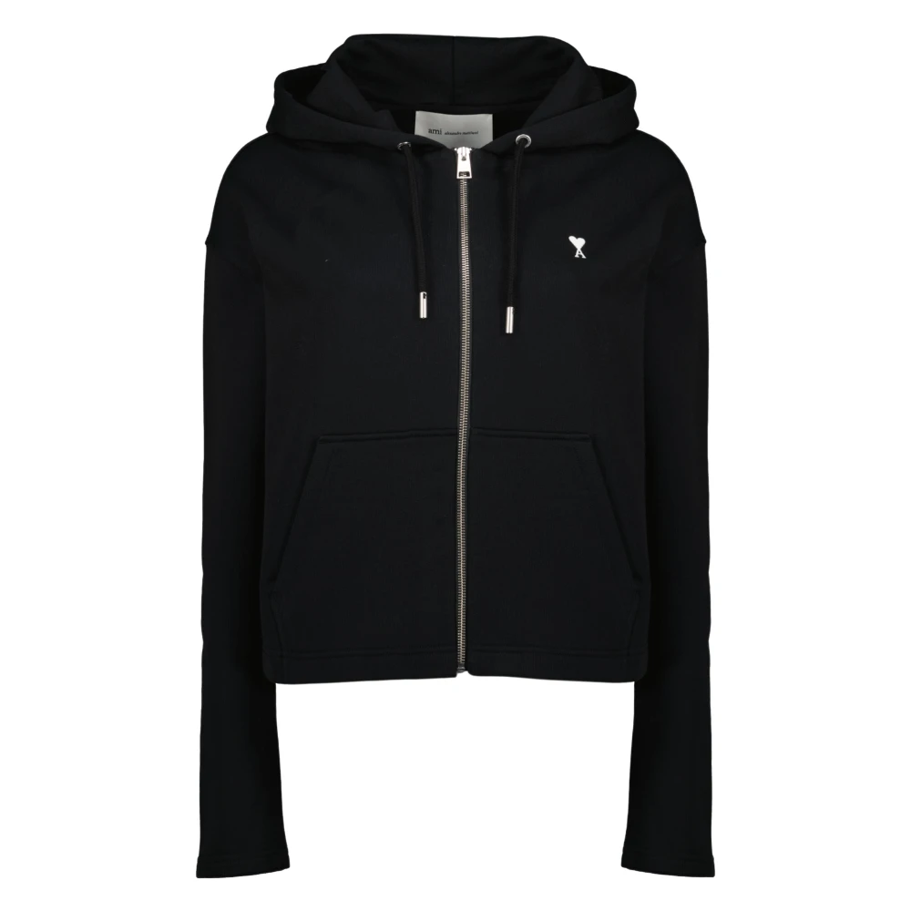 Ami Paris Women's Black Zip-Throughs, S, Ami De Coeur Zipped Hoodie
