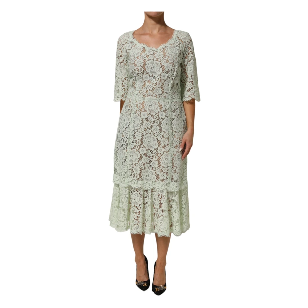 Dolce & Gabbana Mint Green Floral Lace Trim Midi Dress - IT50|3XL - Image 2