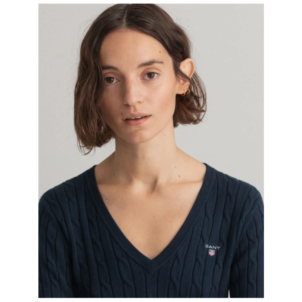 Gant Gebreide katoenen V-hals trui Blue Dames