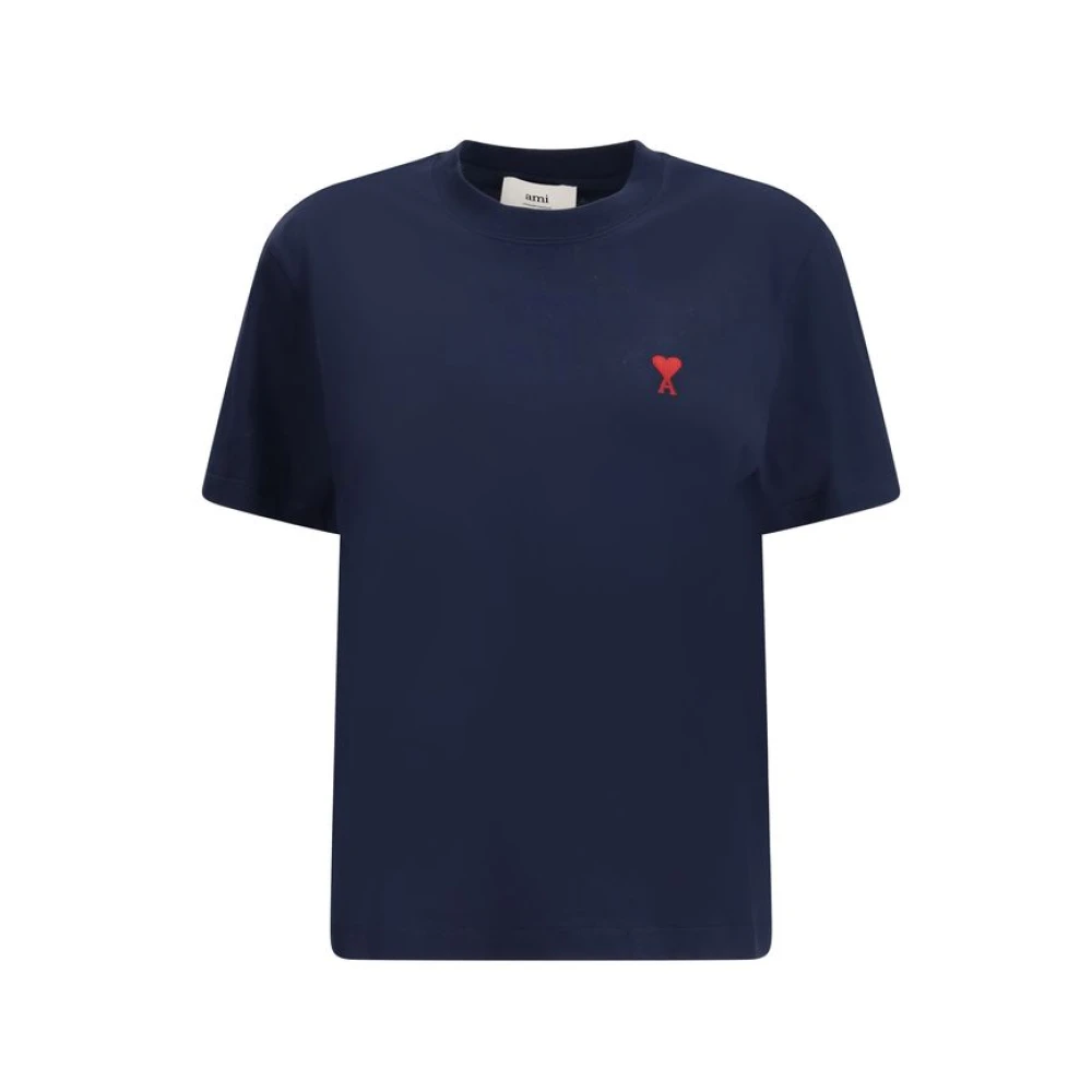 Ami Paris Iconisch Logo T-shirt met Geribbelde Ronde Hals Blue