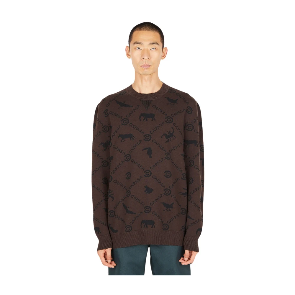 Capasa Milano Men's Brown Round-Neck Knitwear, L, Jacquard Logo Jumper