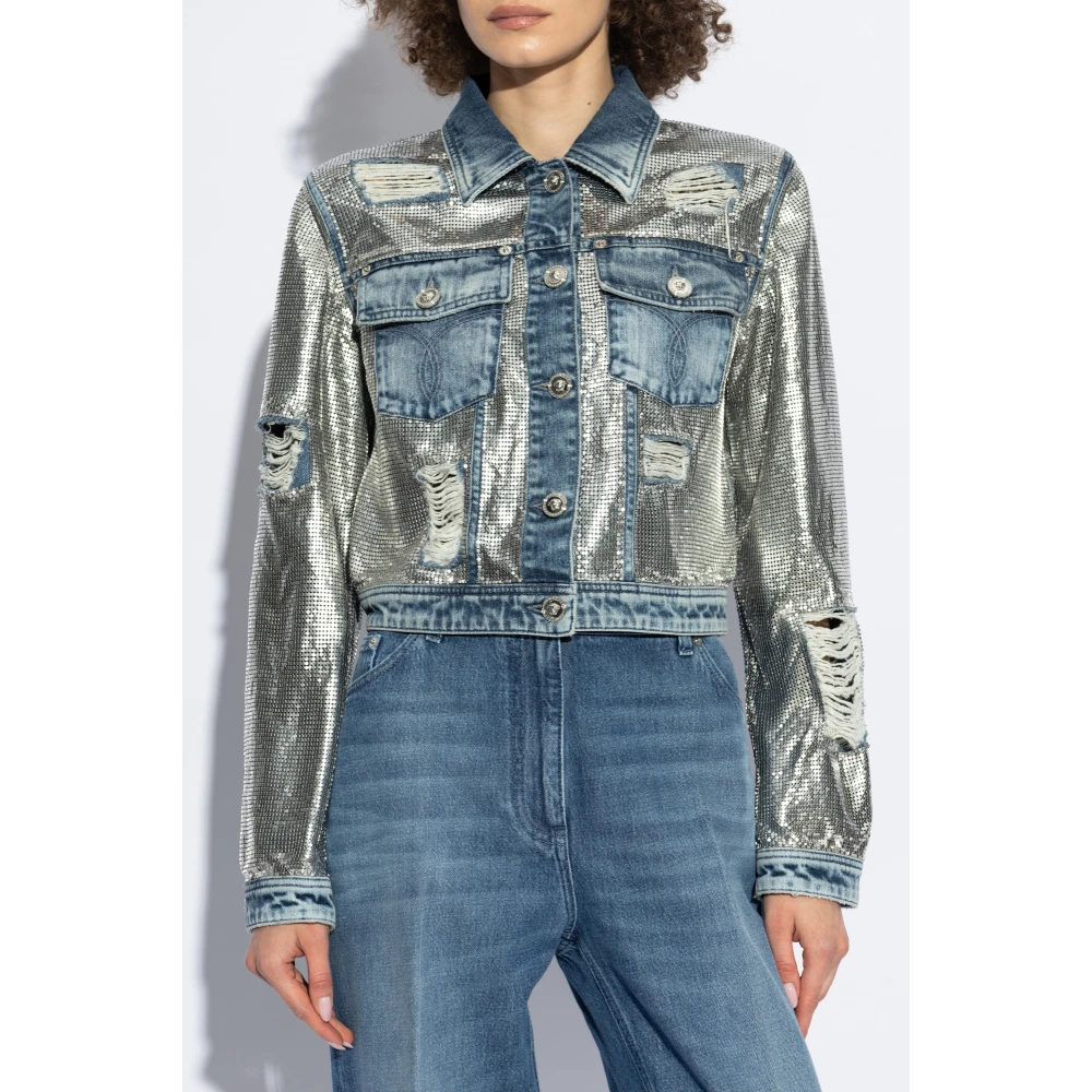 Versace Denim jas met glinsterende applicaties Blue Dames