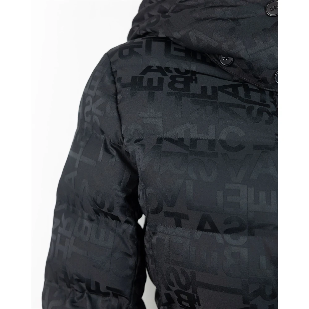 Elisabetta Franchi Korte Zwarte Jacquard Lettering Gewatteerde Jas Black Dames