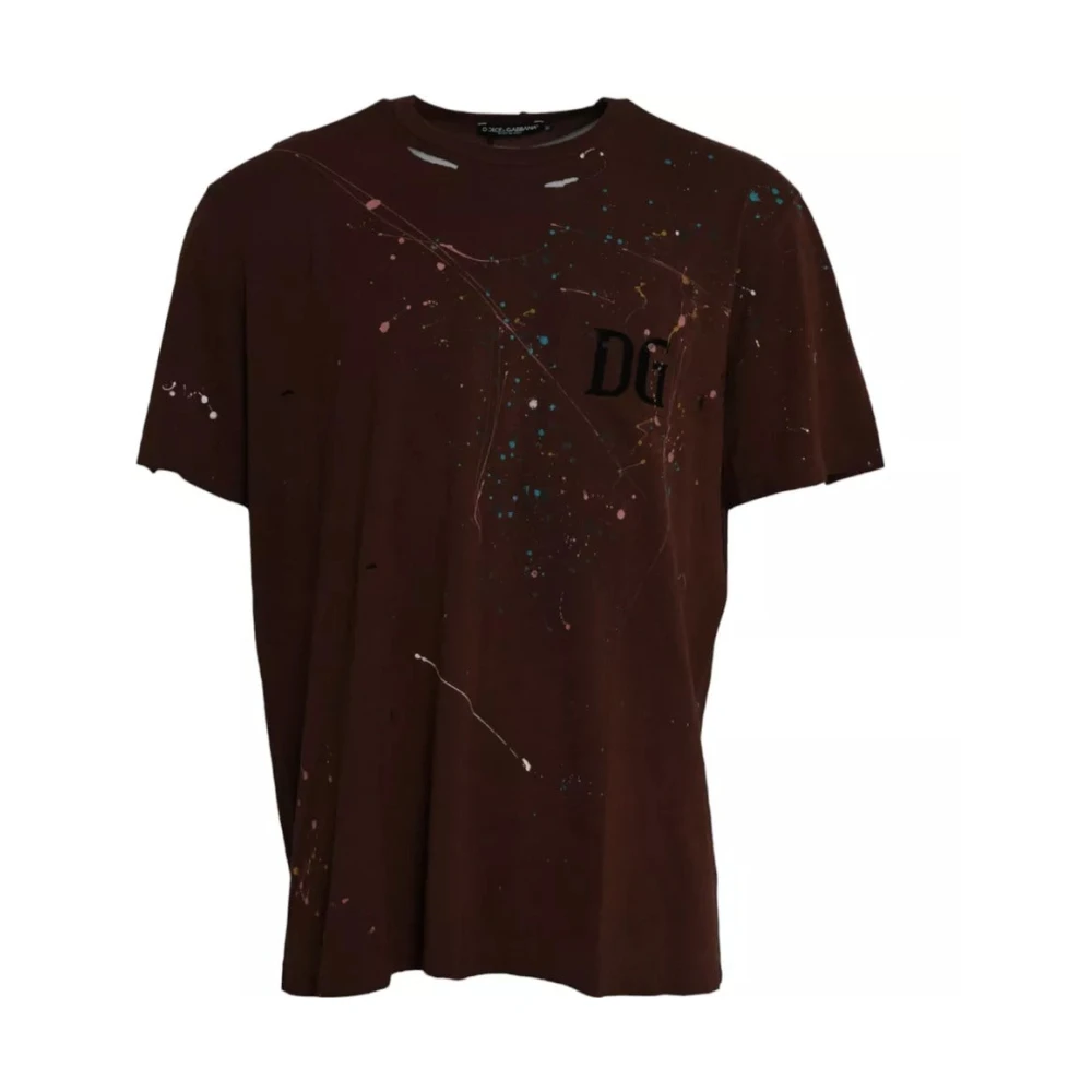 Dolce & Gabbana Bruin Katoenen T-shirt met Kleurspetters Brown Heren