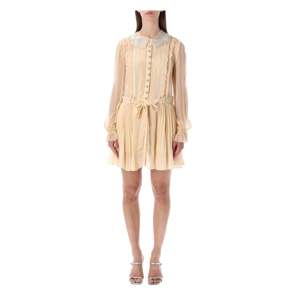 Self Portrait Women's Beige Short Dresses, 2XS, Pleated Mini Dress