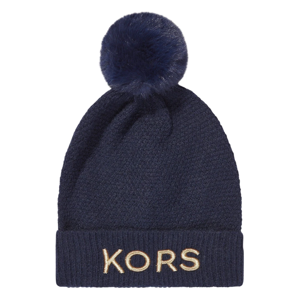 Michael Kors Women's Blue Navy Logo Knit Hat With Pompon