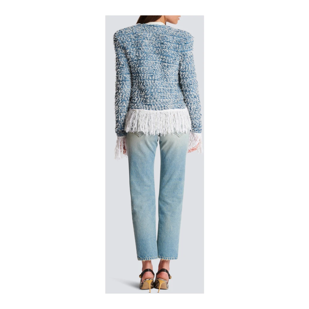 Balmain Franje denim tweed jasje Blue Dames