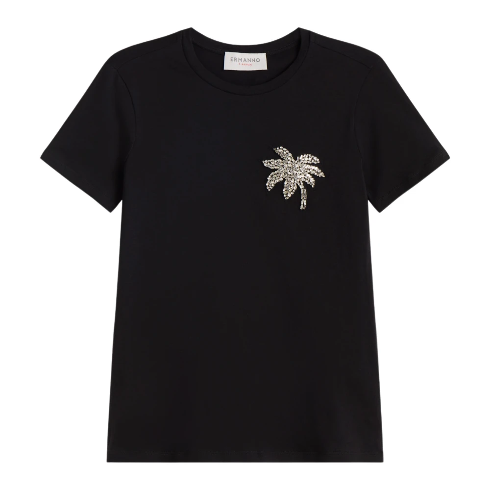 Ermanno Scervino T-shirt met Rhinestone Palmboom Black Dames