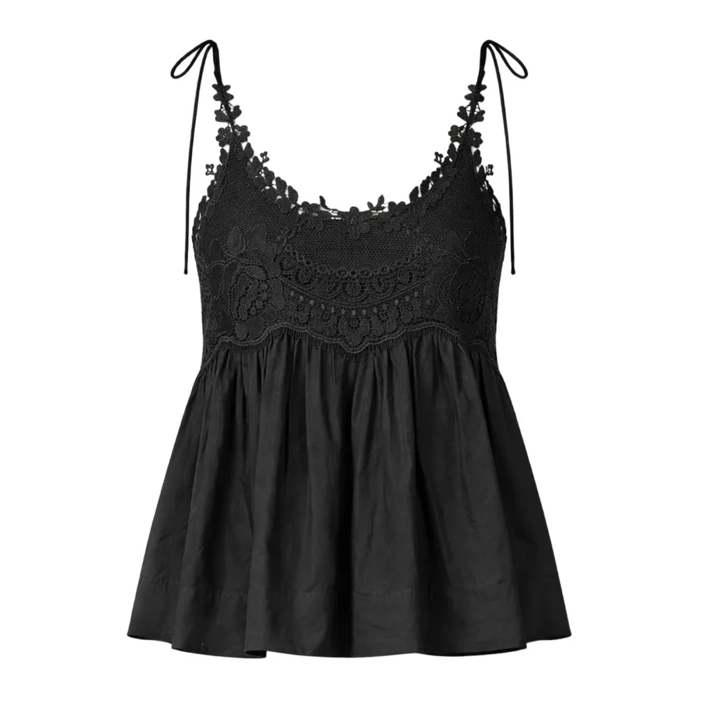 Twinset Women's Black Top Con Pizzo Dettaglio A Fiori Spalline Con Nodo Motivo Intrecciato Senza Maniche - Sleeveless Tops - S - Tops