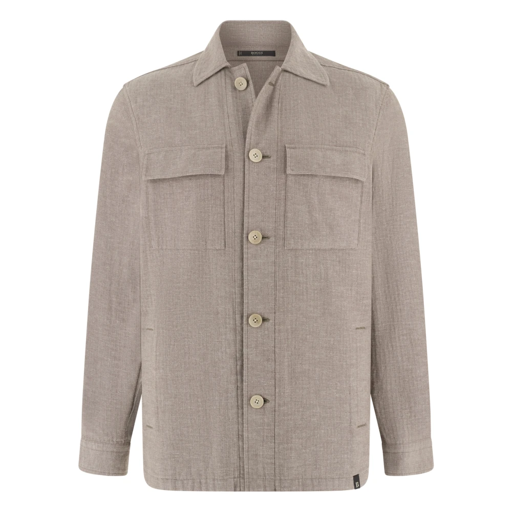 Boggi Milano Herren Beige,Blue Herringbone Leinen-Baumwoll-Hemdjacke,Hemdjacke Aus Leinen-Baumwoll-Fischgrat