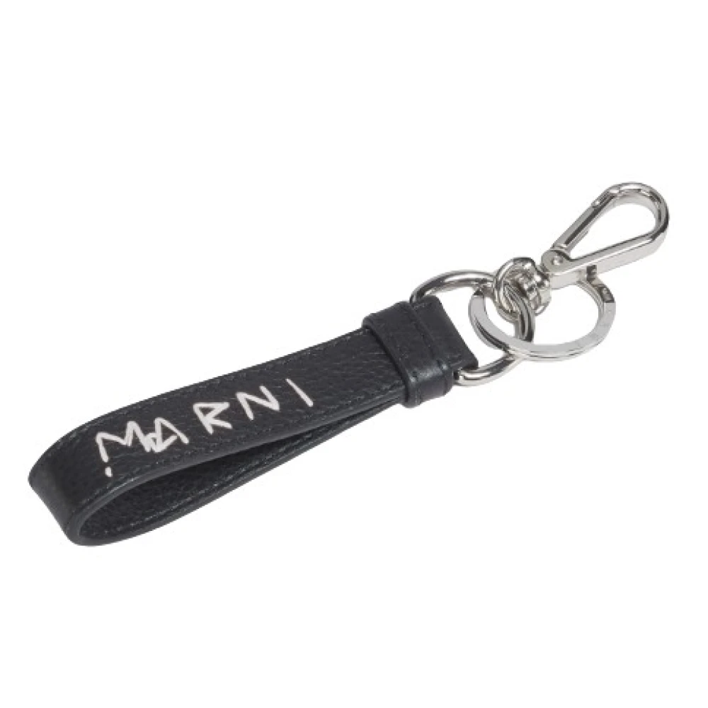 Marni Men's Black Keychains, One Size, Leather Keyring With Ding Embroidery
