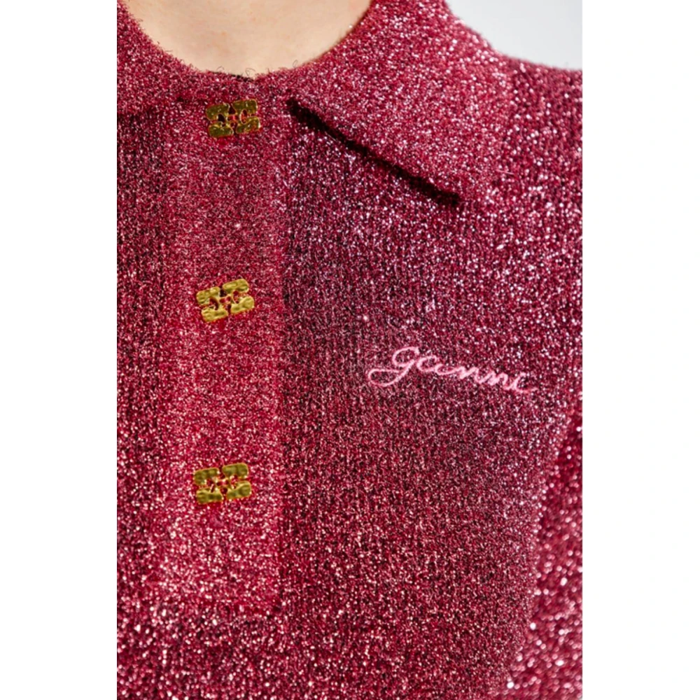 Ganni Roze Gebreide Metallic Jurk met Polokraag Pink Dames