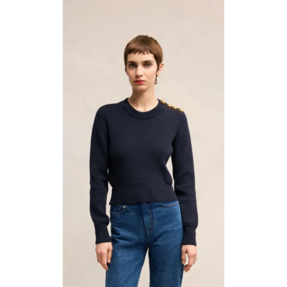 Ami Paris Blauw Gestreepte Luxe Trui met Gouden Knopen Blue Dames