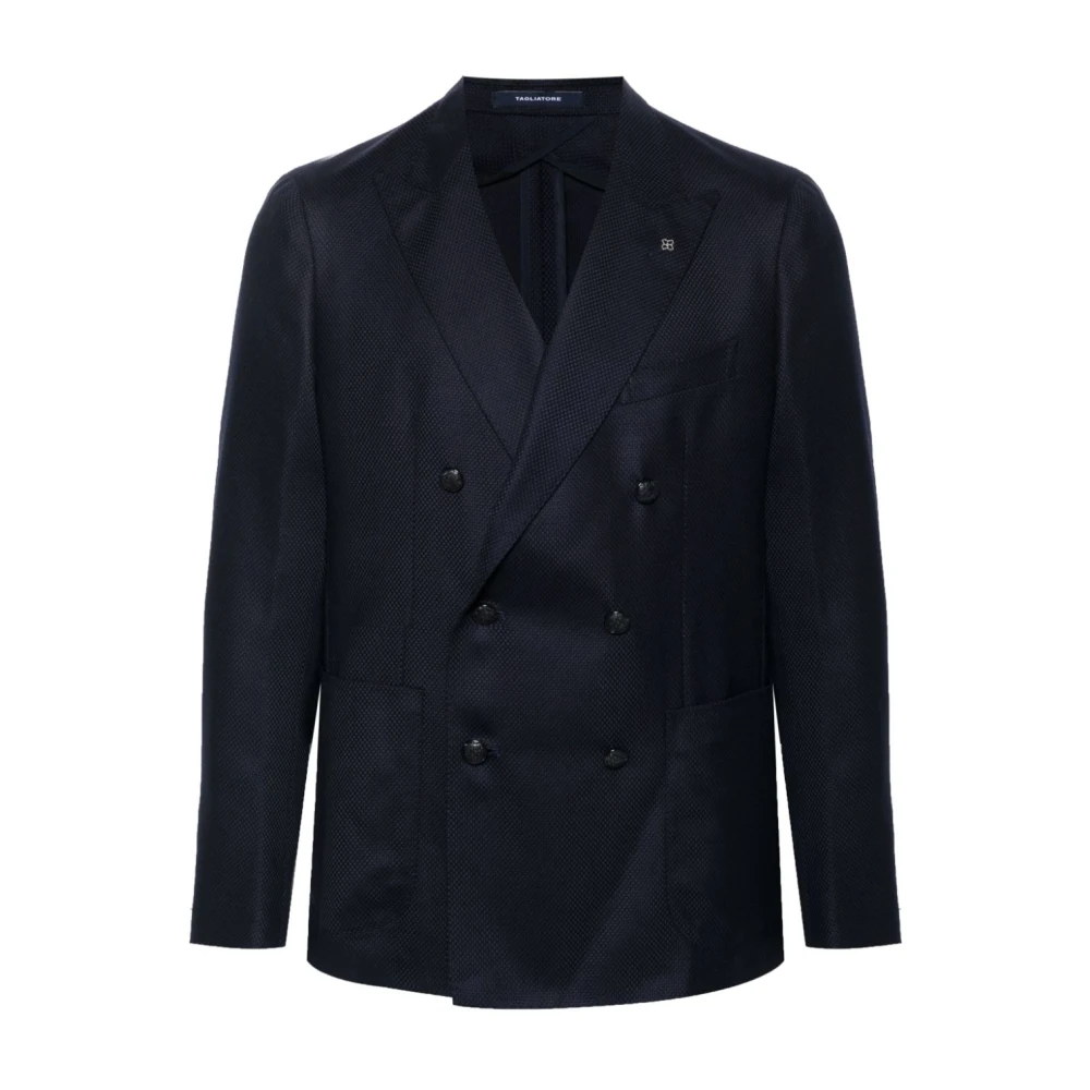 Tagliatore Blauw Jacquard Peak Revers Jas Blue Heren