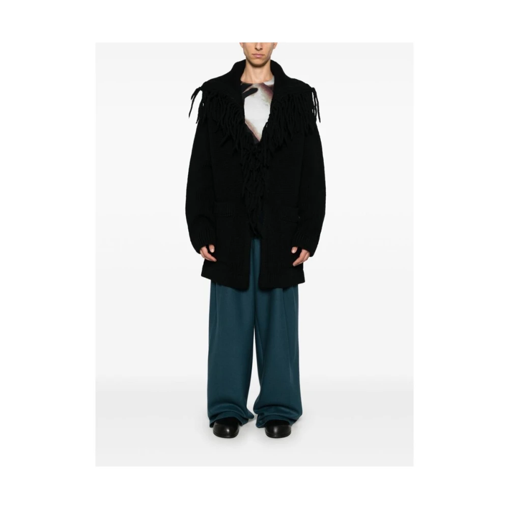 Dries Van Noten Zwarte Chunky Gebreide Fringe Sweater Black Heren