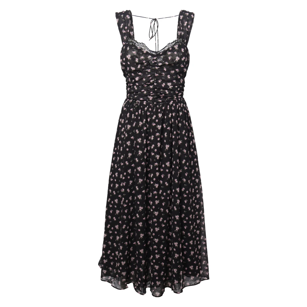 For Love & Lemons Bloemen Chiffon Kant Zwarte Jurk Black Dames