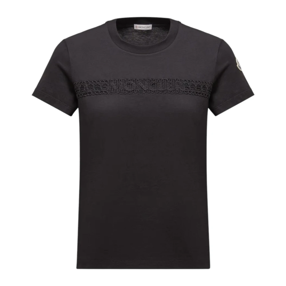 Moncler Women's Black T-Shirts, M, Embroidered Logo Cotton T-Shirt
