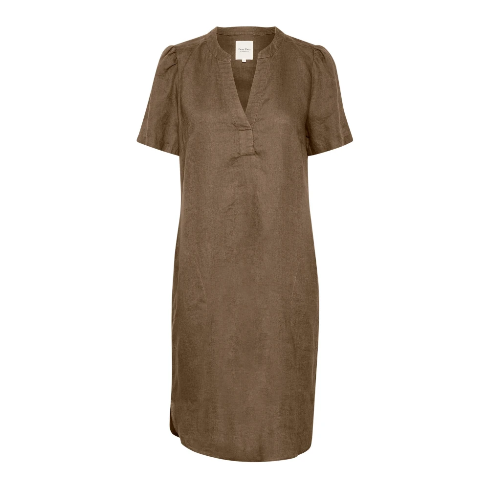 Part Two Brown Simple Linen Dress With V-Neck - Female - Midi Dresses - 2XS - Dresses
