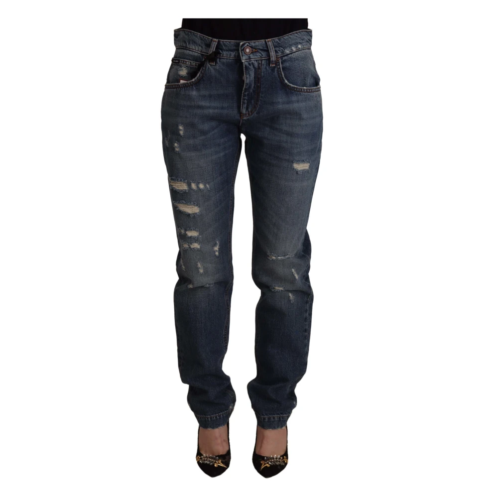 Dolce & Gabbana Women's Blue Denim Baroque Heart Logo Patch Pants Jeans