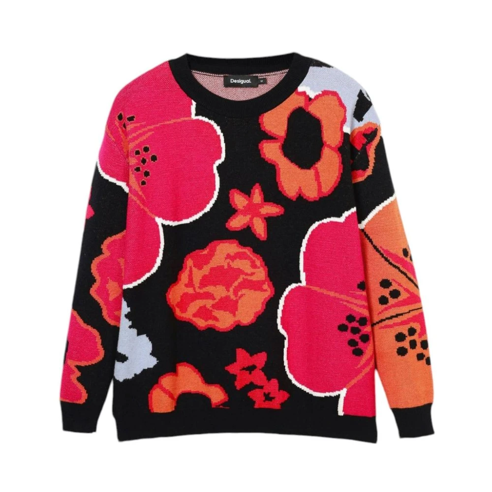Desigual Women's Multicolor Round-Neck Knitwear,, Floral Knit Jumper With Long Sleeves Extra Large