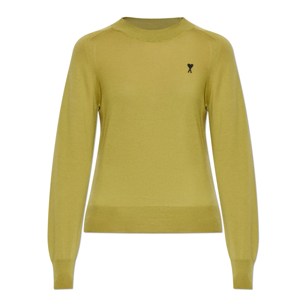 Ami Paris Donna Verde Maglione In Lana Con Logo Ricamato