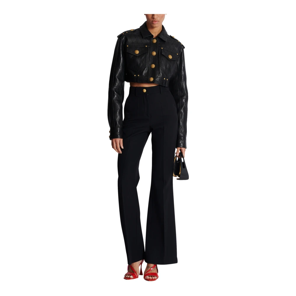 Balmain Topgestikte cropped leren jas Black Dames