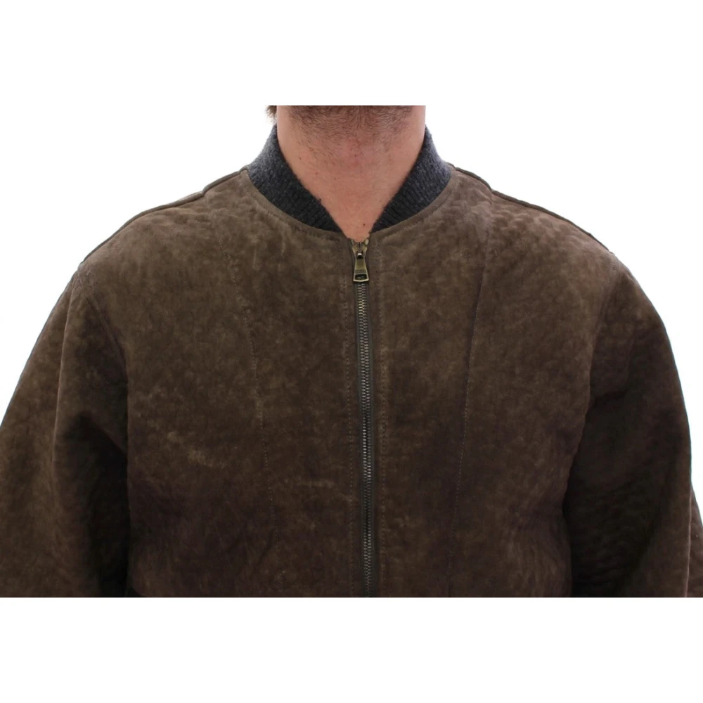 Dolce & Gabbana Elegante Leren en Wollen Jas Brown Heren