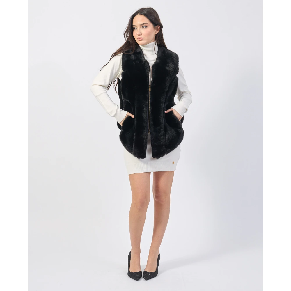 YES ZEE Zwarte mouwloze imitatiebontjas Black Dames