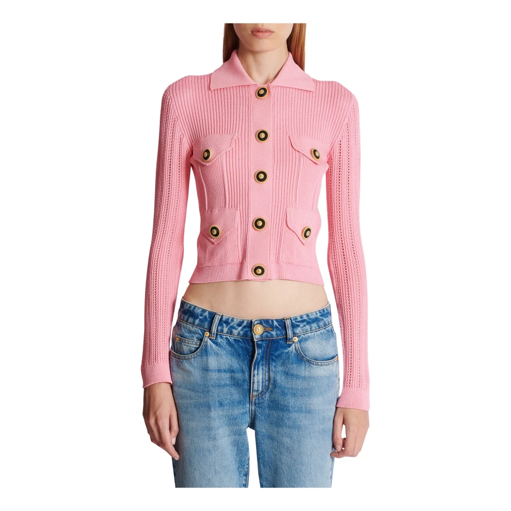 Balmain Geknipte geribbelde gebreide vest met ajourdetails Pink Dames