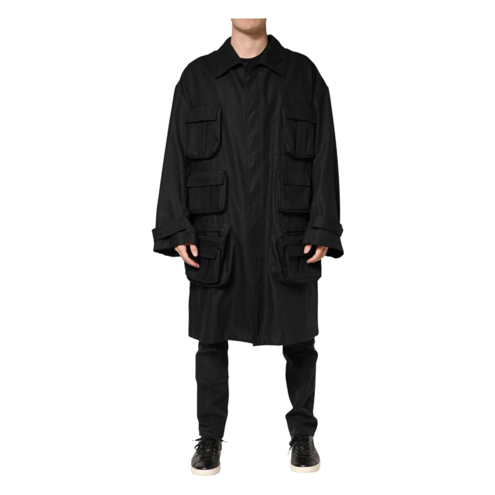 Dolce & Gabbana Men's Black Trench Coats, 2XL, Pockets Collared Trench Coat Jacket