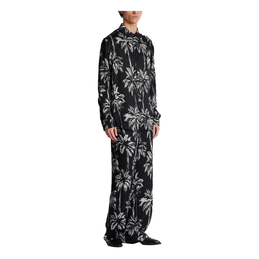 Balmain Gedrukte satijnen palmboom overhemd Black Heren