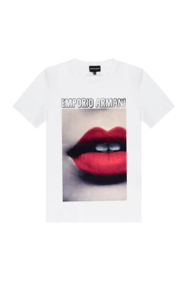 Vit kortärmad T-shirt med mocka-effekt applikation och logobokstäver