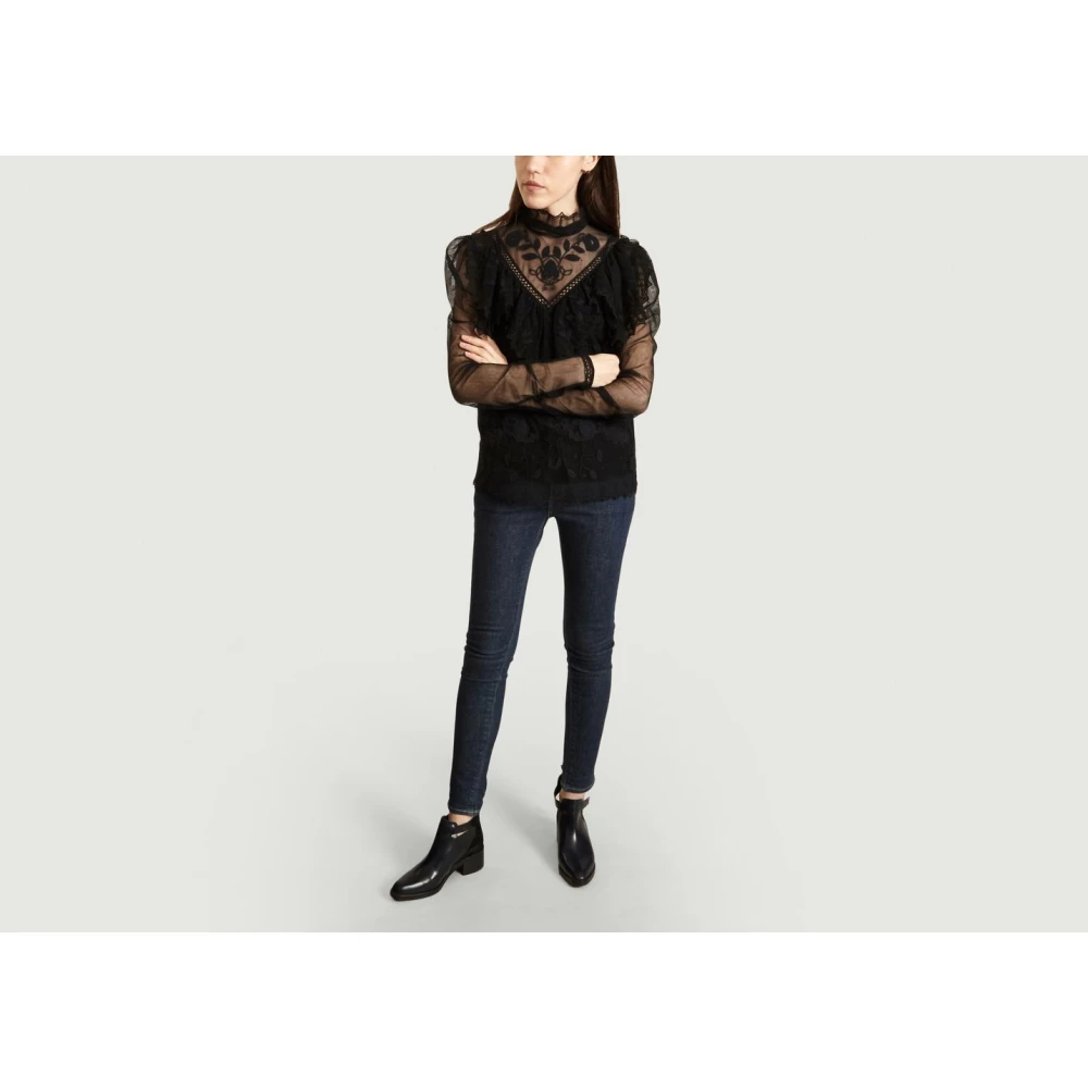 See by Chloé Zwarte kanten top met ruchekraag Black Dames