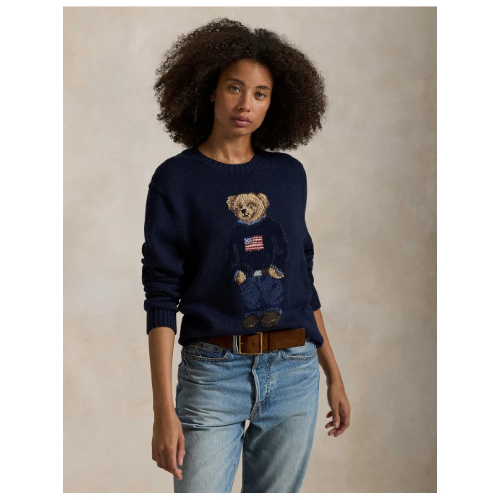 Polo Ralph Lauren Jacquard Katoenen Linnen Polo Bear Trui Blue Dames