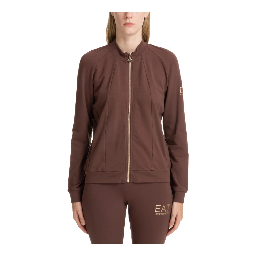 Emporio Armani EA7 Effen Sweatshirt met Rits en Logo Brown Dames