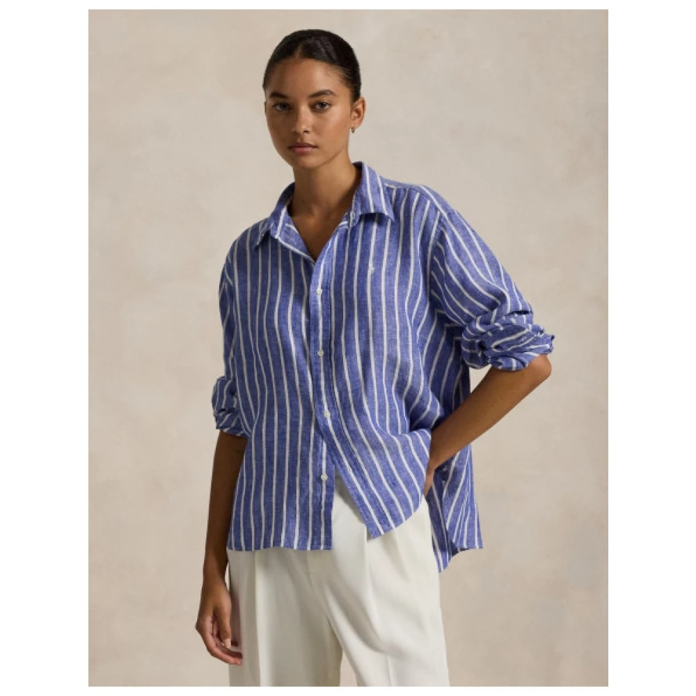 Polo Ralph Lauren Gestreepte Linnen Crop Shirt Blauw Blue Dames