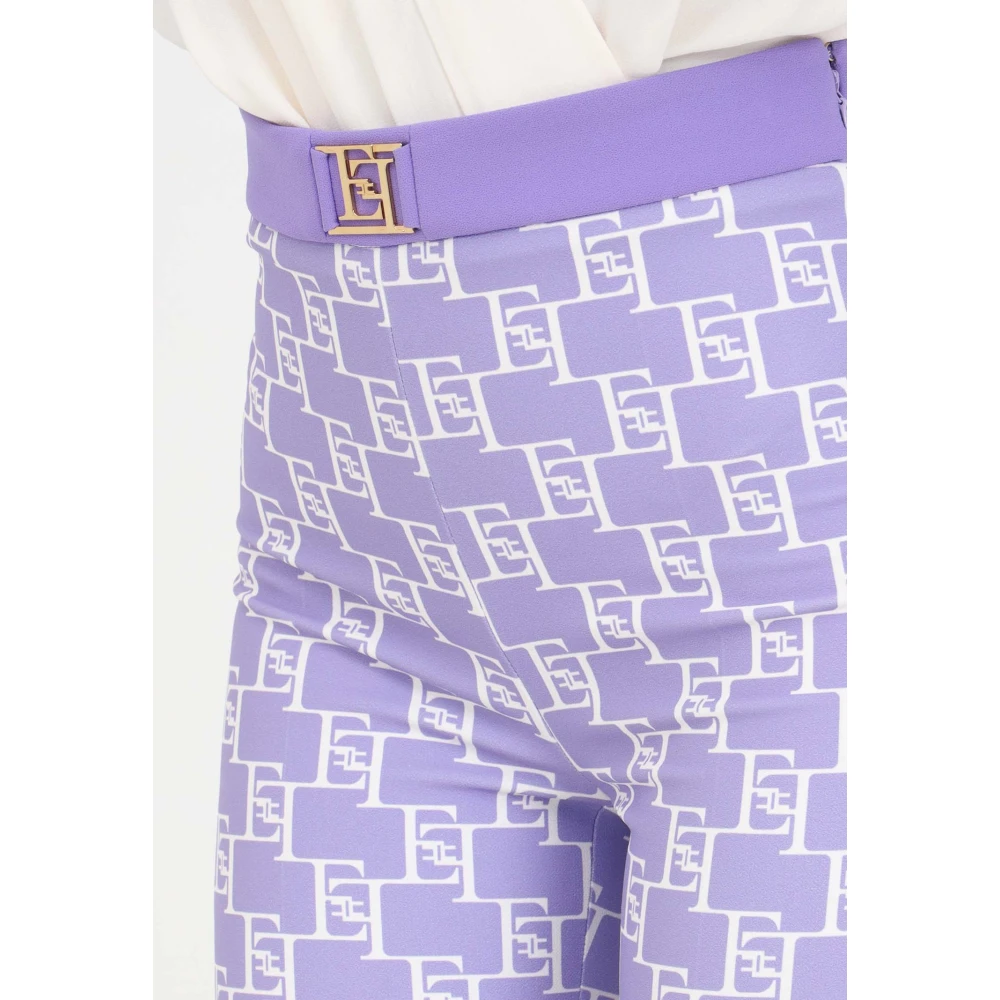Elisabetta Franchi Paarse en witte logo broek met gouden metalen detail Purple Dames