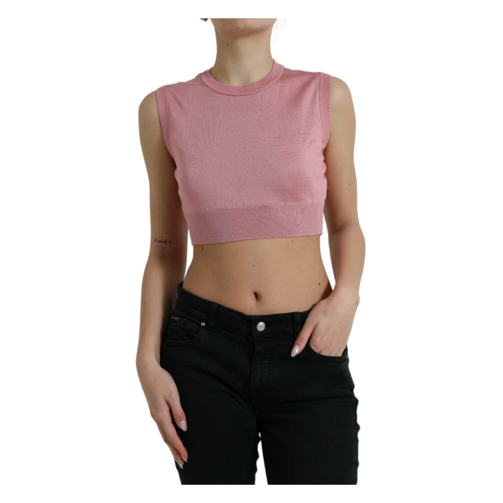 Dolce & Gabbana Women's Pink Sleeveless Tops, Xs, Elegant Silk Crew Neck Cropped Tank Top
