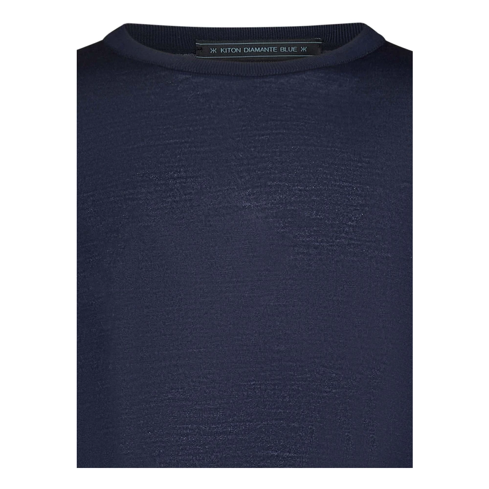 Kiton Blauwe Wollen Trui Geribbelde Hals Blue Heren