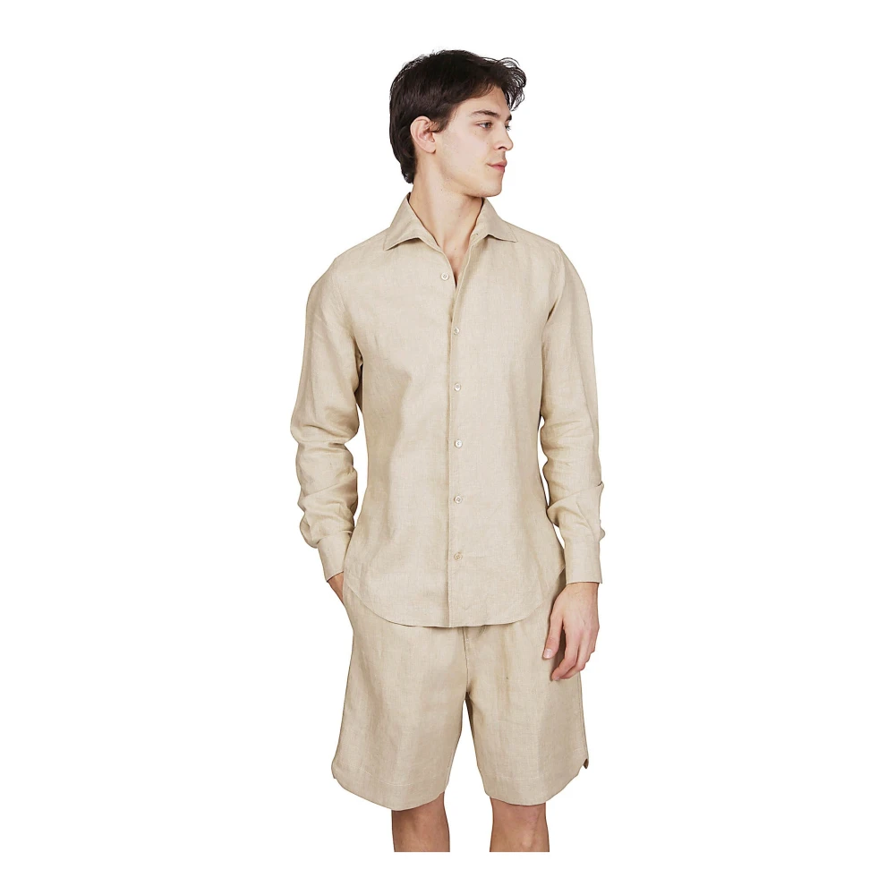 Eleventy Linnen Overhemd Dubbele Kraag Beige Heren
