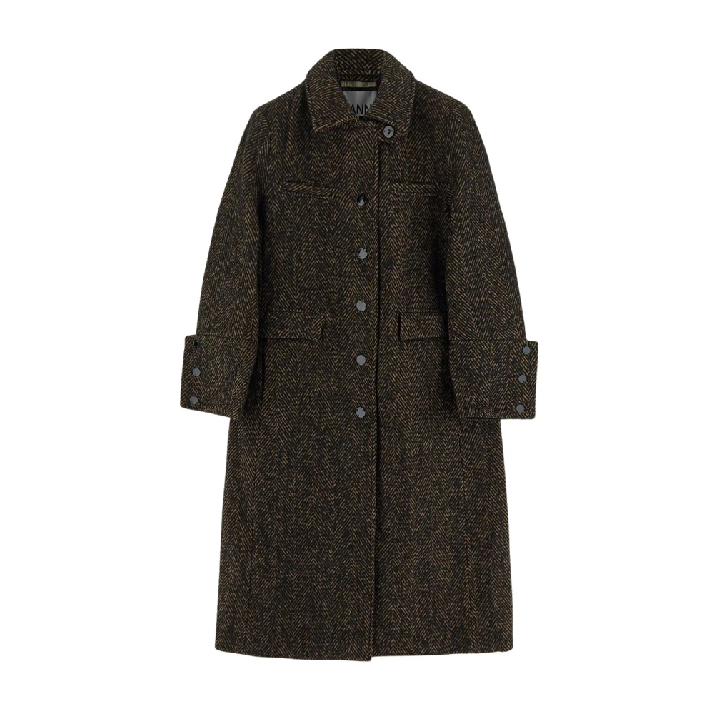 Ganni Wollen Herringbone Coat Brown Dames