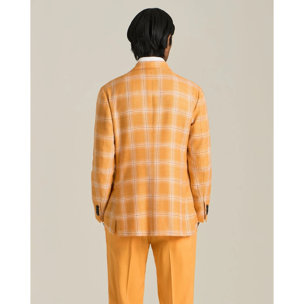 Kiton Geruite Cashmere Blend Blazer Orange Heren