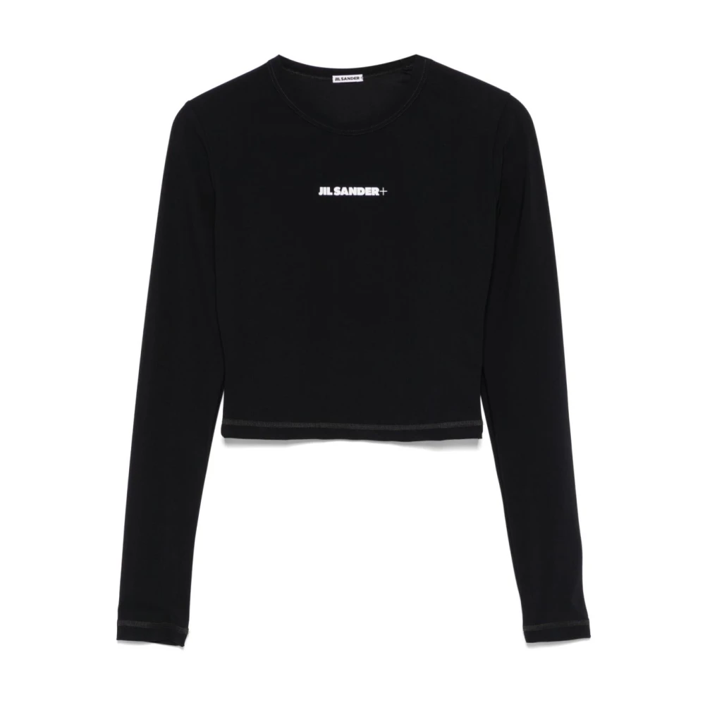 Jil Sander Zwart Logo Print Crop Top Lange Mouwen Black Dames