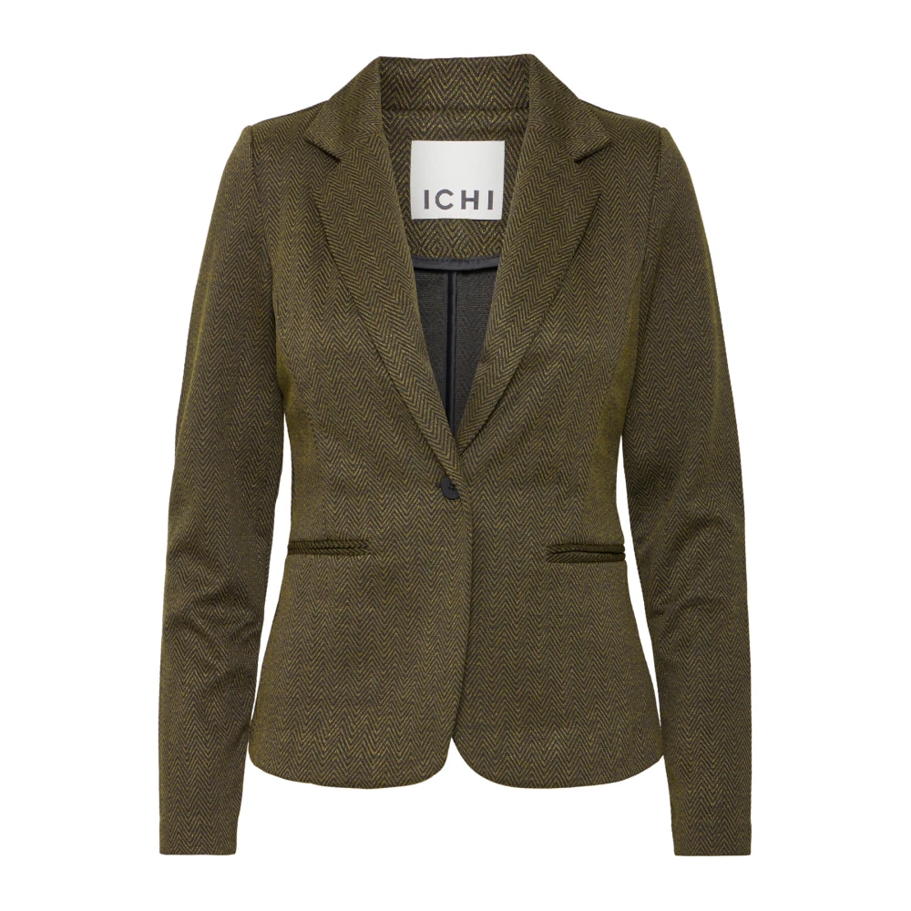 Ichi Women's Green Blazers, S, Elegant Jacquard Blazer Jacket Black/Lizard