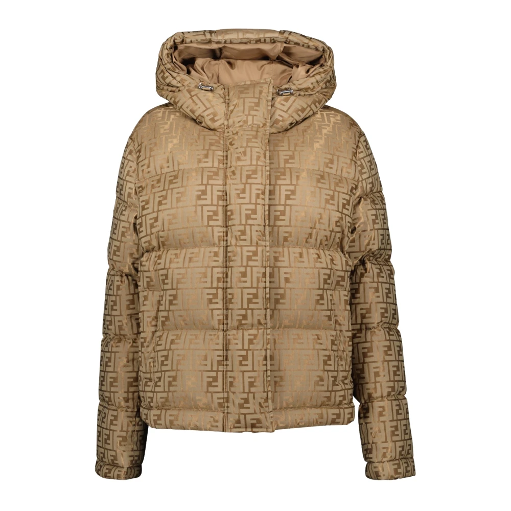 Fendi Glanzende Nylon Bedrukte Jas voor Vrouwen Beige Dames