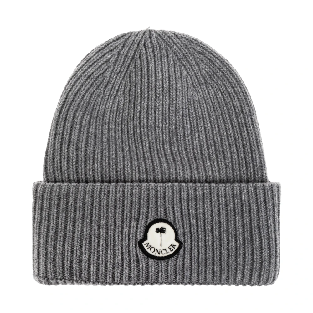 Moncler Wollen Gebreide Logo Patch Beanie Hoed Gray Unisex